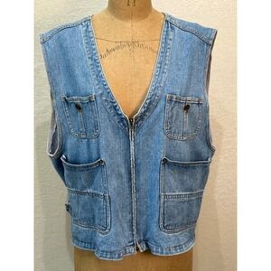Vintage Perry Ellis Denim Utility‎ Vest Light Wash Multi-Pocket Women's Medium